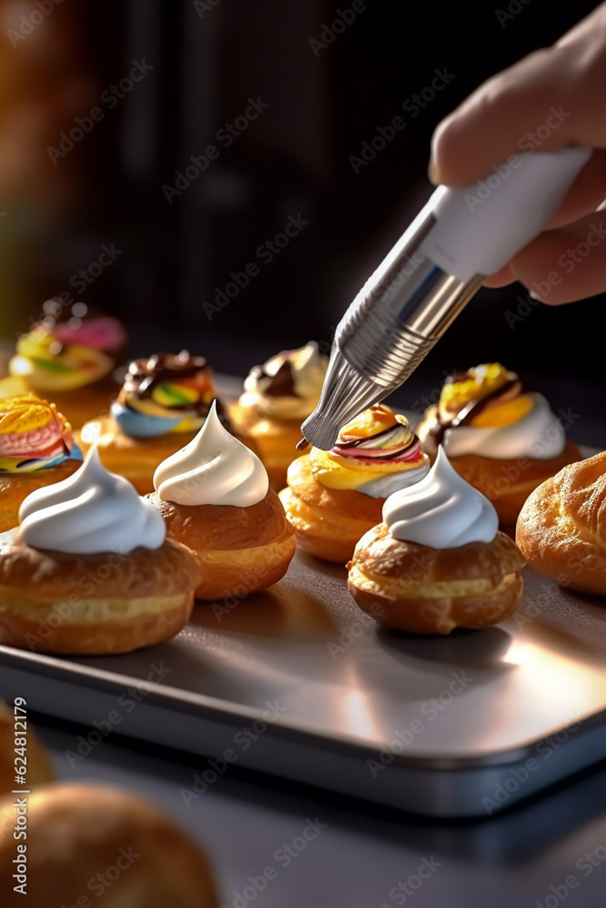 Aufkleber an image of a confectioner piping cream filling into freshly baked éclairs or cream puffs, illustrat
