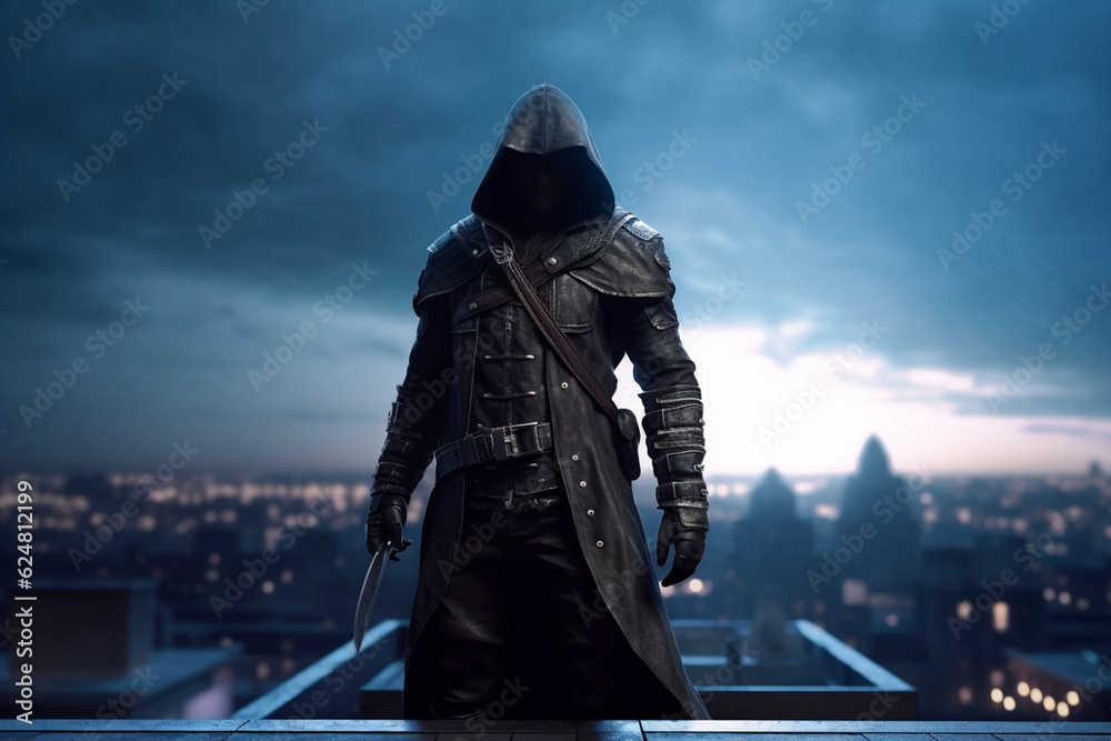 Aufkleber an image of a bandit with a black mask and a long coat, standing on a rooftop with the moon in the b