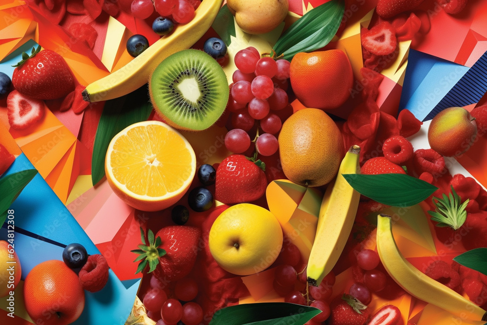 Poster An abstract collage artwork created by layering and overlapping cut-out shapes of fruits from colorful papers or magazines,  Generative AI technology.