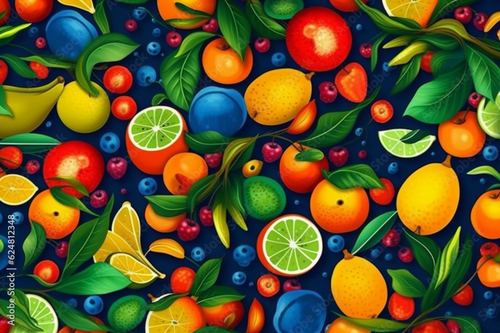 Poster an abstract print or pattern design featuring stylized and geometric fruit motifs, with bold and con