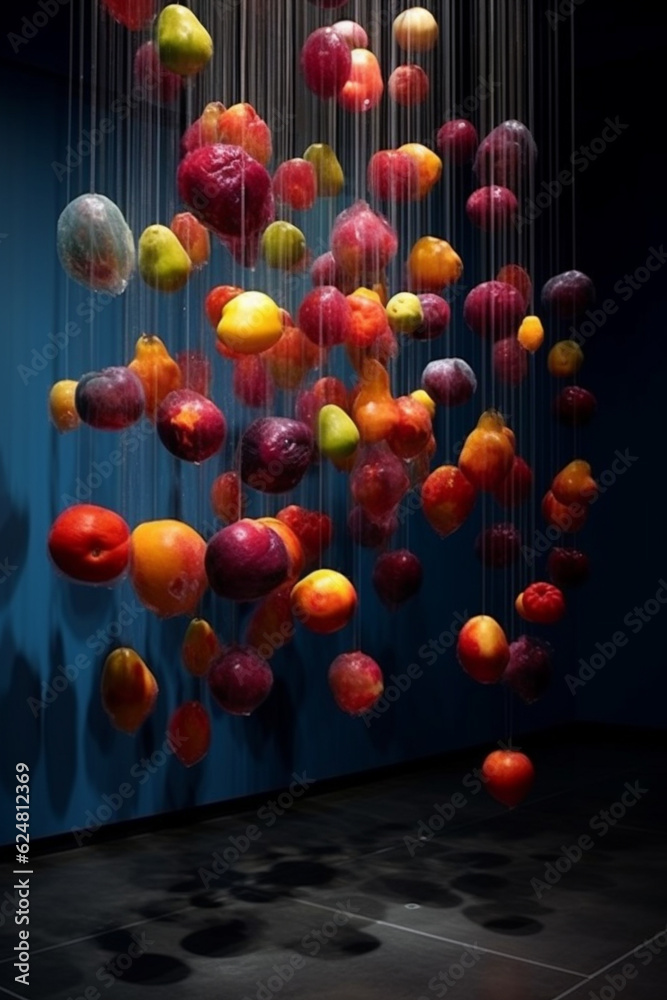 Aufkleber an abstract installation artwork that uses suspended or floating fruit-like objects, combining mater