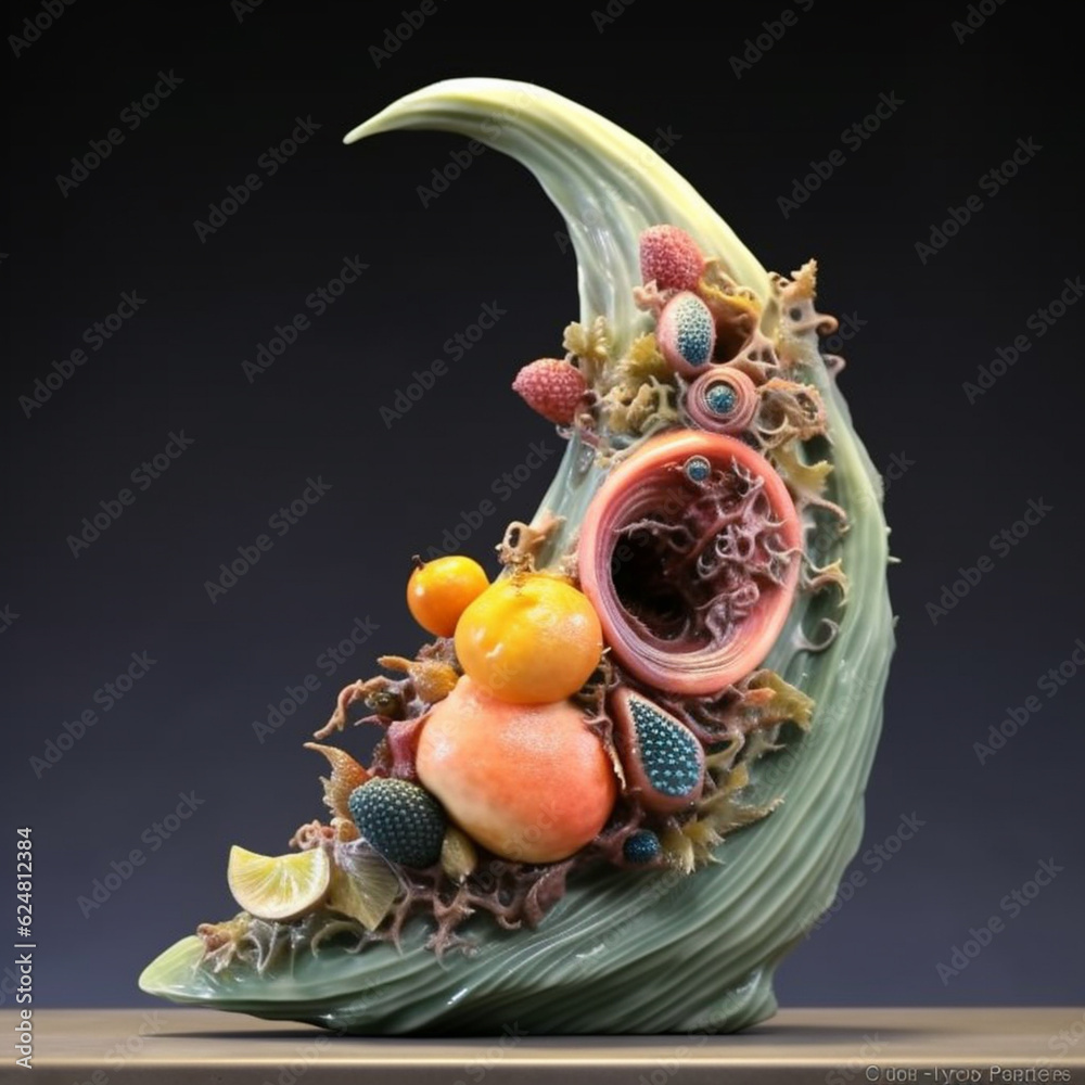Poster an abstract sculpture made of resin or polymer clay, capturing the essence of fruits with abstract s
