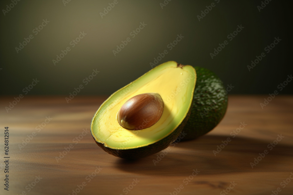 Poster an image of a perfectly ripe, sliced avocado, with its creamy green flesh and smooth texture, inviti