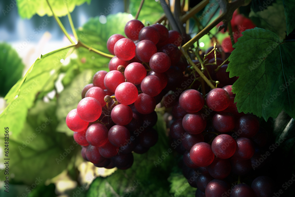 Poster an image of a bunch of red grapes on a vine, with the leaves surrounding them, creating a natural an