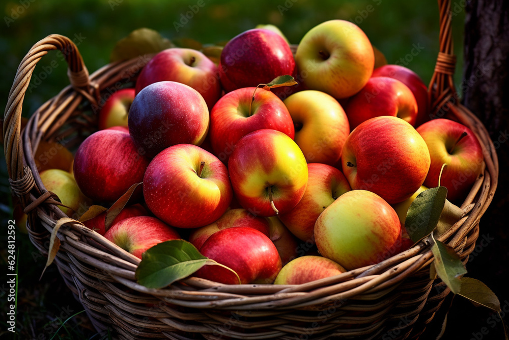 Poster an artistic depiction of a basket filled with freshly picked apples, showcasing their various colors
