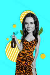 Poster banner collage of charming lady hold wine champagne bottle enjoy corporate vip party festival