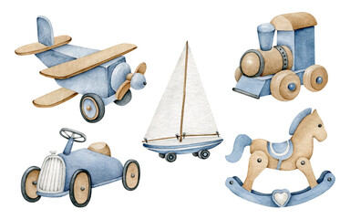Kids toys.Watercolor vintage transport:car,train,plane,ship,horse.Little boy's toys.Wooden transport models.It's a boy.Baby shower.Childhood