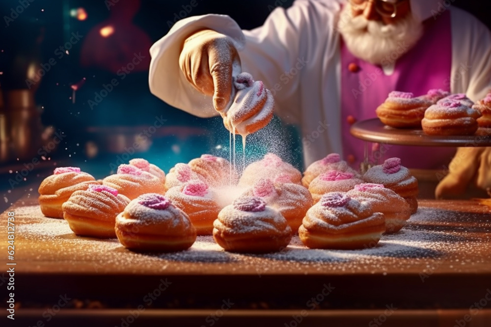 Poster  An image of a baker sprinkling powdered sugar over a batch of freshly baked donuts, creating a whimsical and mouthwatering visual.  Generative AI technology.