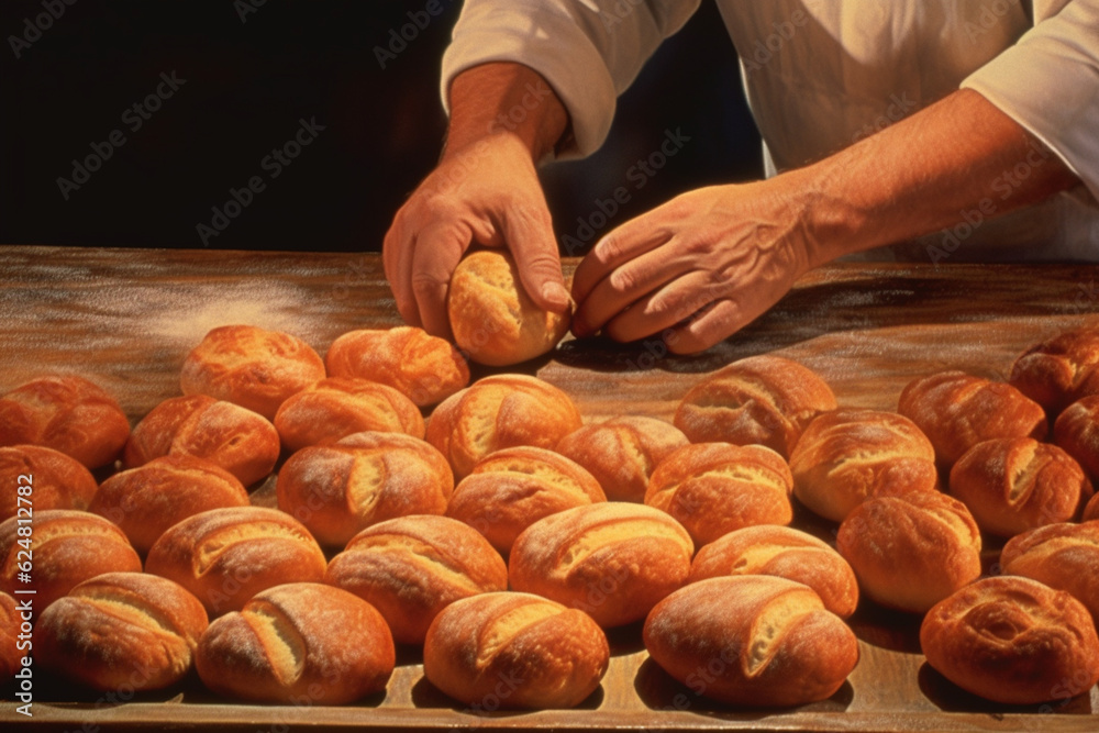 Poster a close-up photograph of a baker's hands meticulously forming dough into individual bread rolls, sho