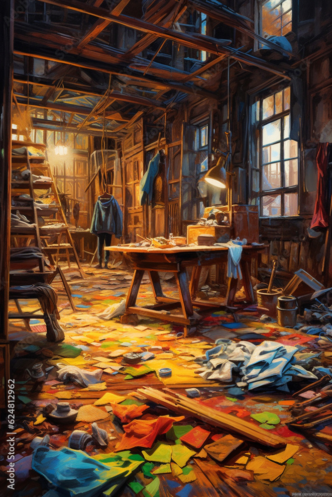 Poster an abstract painting depicting a shoemaker's workshop with vibrant colors and bold brushstrokes, cap