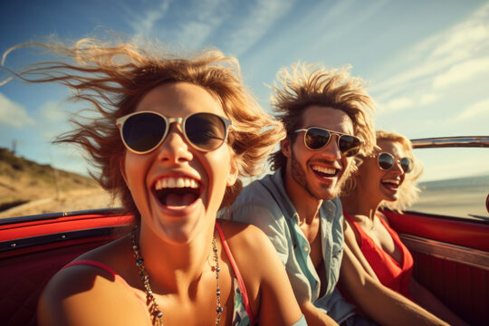 Happy people with sunglasses sitting in a driving car created with Generative AI technology