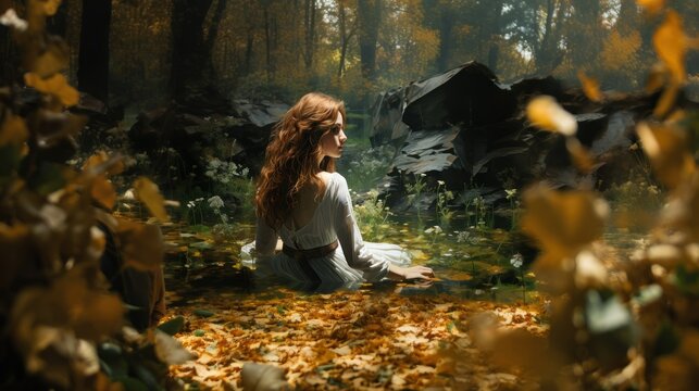 A Beautiful Fictional Redhead Woman Sitting il the Woods in an Elegant Dress. Realistic Digital Painting Generative AI illustration.