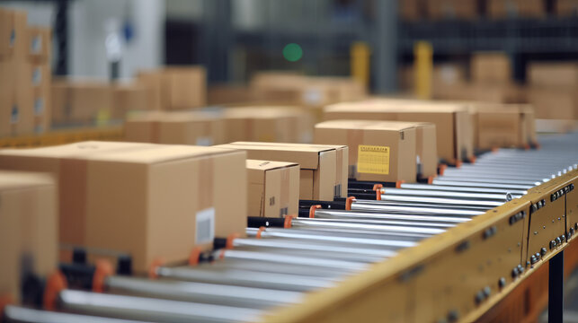 Close-up of multiple cardboard box packages moving along a conveyor belt in a warehouse