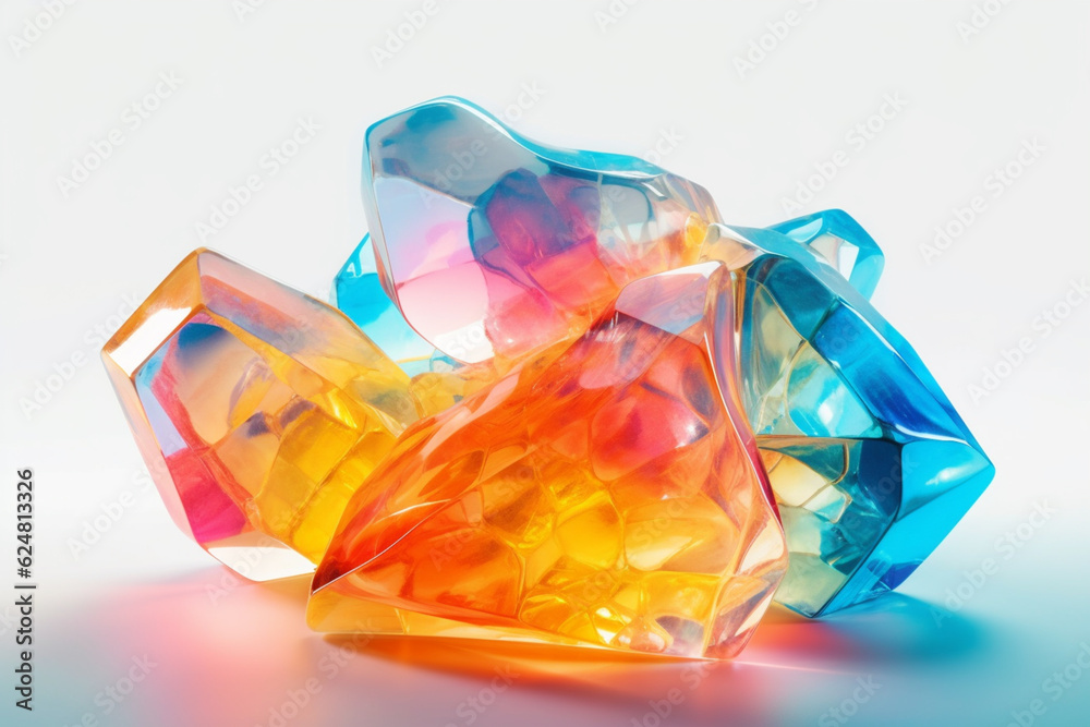 Poster an abstract sculpture crafted from translucent materials, such as glass or resin, with geometric sha
