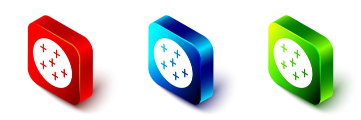 Isometric Full moon icon isolated on white background. Cloudy night sign. Sleep dreams symbol. Night or bed time sign. Red, blue and green square button. Vector