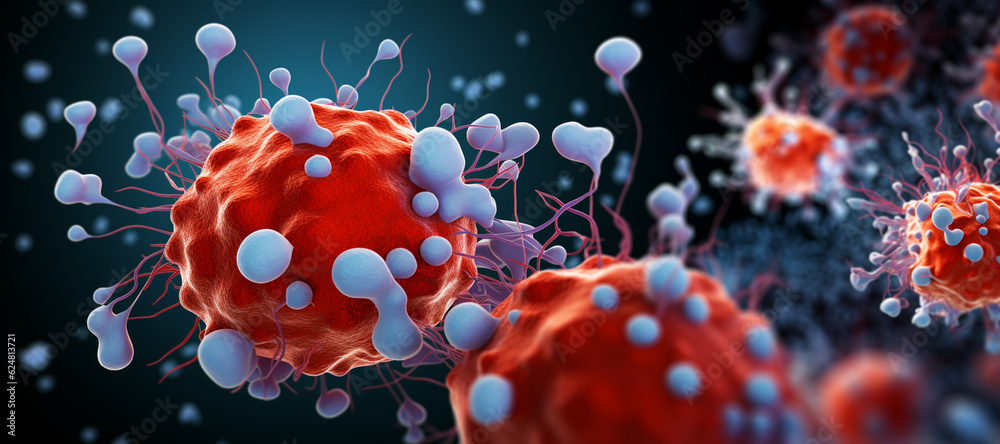 Aufkleber depicting cancerous cells invading and attacking healthy brain tissue, showing the destructive natur