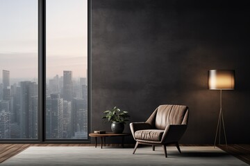 minimal loft style condominium livingroom with city view, Generative Ai