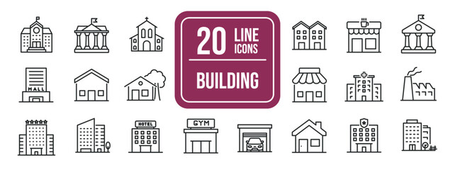 Building simple minimal thin line icons. Related skyscrapers, church, museum, school. Editable stroke. Vector illustration.  © Abbasy  Kautsar