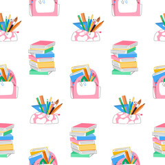 Back to school seamless pattern. Backpack with books, pencil case with writing supplies, rulers, stack of books. Education concept. Vector illustration isolated on white background