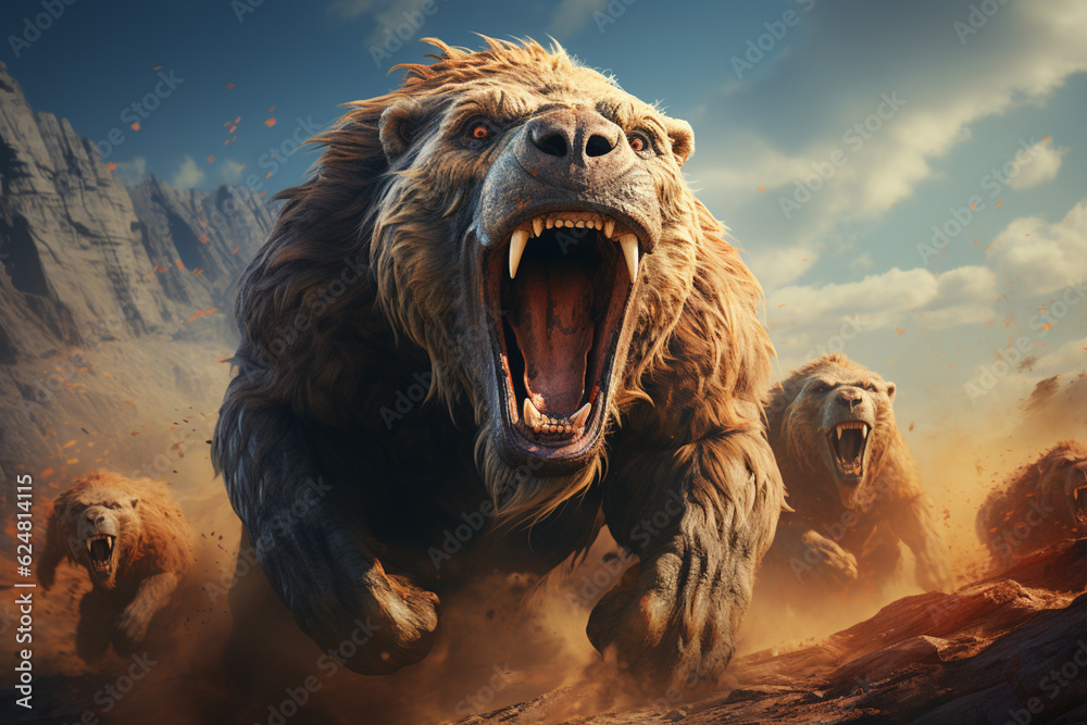Poster he playful interaction between a group of giant ground sloth, showcasing their social dynamics and v