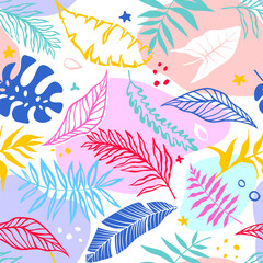 Naklejka na ściany i meble Seamless background with jungle plants. Palm leaves. Floral exotic hawaiian wallpaper. Summer tropical leaf.