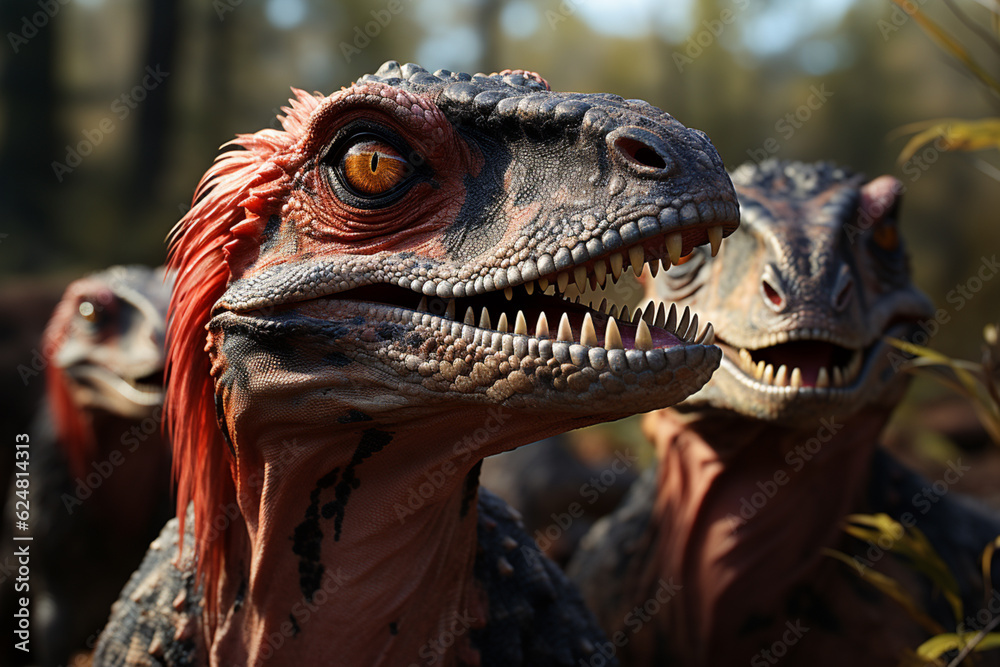 Aufkleber he playful interaction between a group of velociraptor, showcasing their social dynamics and vigilan