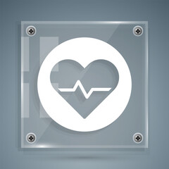 White Heart rate icon isolated on grey background. Heartbeat sign. Heart pulse icon. Cardiogram icon. Square glass panels. Vector