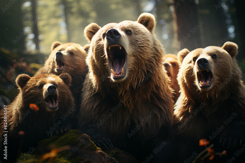 Poster he playful interaction between a group of bear, showcasing their social dynamics and vigilant nature