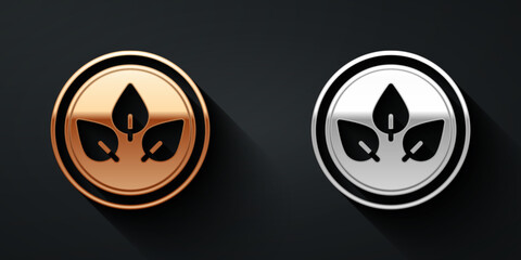 Gold and silver Vegan food diet icon isolated on black background. Organic, bio, eco symbol. Vegan, no meat, lactose free, healthy, fresh and nonviolent food. Long shadow style. Vector
