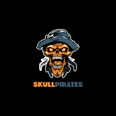 A skull dressed in pirate costume with hat logo design template vector icon illustration