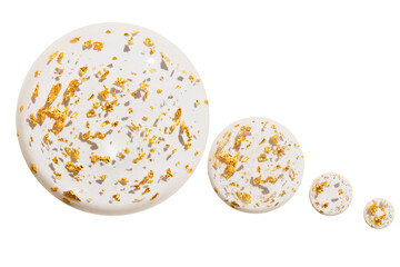 Transparent serum, serum, gel with splashes of 24 carat gold. Isolated round drops spreading
