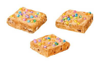 Watercolor illustration of Cosmic Blondies sugar cookies, with rainbow sprinkles isolated on a white background