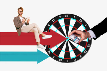 Creative business template collage of entrepreneur guy writing copybook sitting on arrows direction to progress earnings win