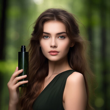 portrait of a woman hold a bottle of cosmetics Photo of attractive woman with perfect makeup on green background. Beauty skin care concept