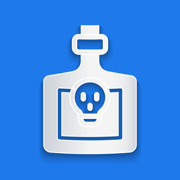 Paper cut Bottle with potion icon isolated on blue background. Flask with magic potion. Happy Halloween party. Paper art style. Vector
