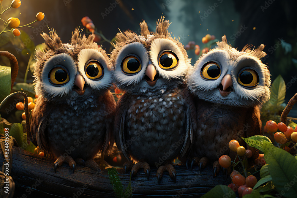 Poster playful interaction between a group of owl's, showcasing their social dynamics and vigilant nature. 