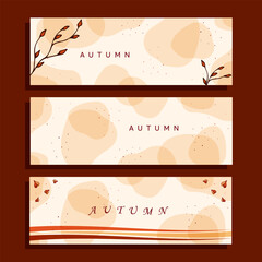 Set three autumn horizontal banners. Vector illustration. Falling leaves, dots, transparent shapes.