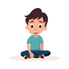 Vector illustration of cute boy sitting on the floor. Happy smiling boy on white
