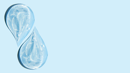 Drops and smears of a transparent gel or serum on a blue background. Banner with empty space for...