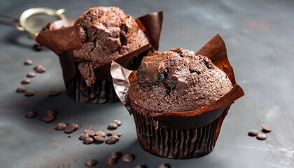 delicious chocolate muffins on dark background, selective focus