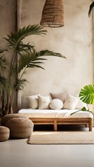 Bali style minimalistic luxury bedroom villa resort interior with green home plants, copyspace, generative ai.