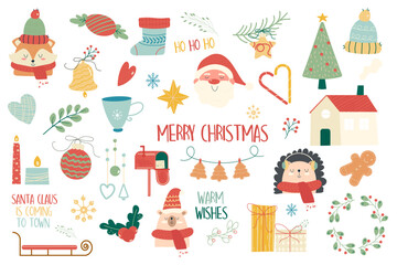 Set hand drawn christmas decoration with animals
