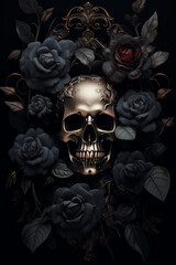 An ornate gold skull surrounded by black flowers and leaves