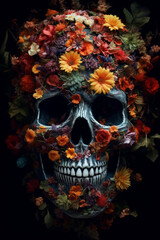 An ornate skull made from colorful tropical flowers and leaves