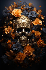 An ornate gold skull surrounded by black and orange flowers and leaves