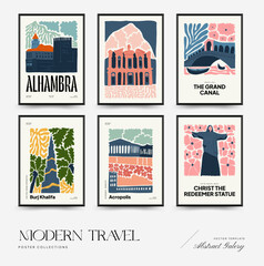 Naklejka premium Abstract travel and floral posters template. Modern trendy Matisse minimal style. Floral poster, landmark. Hand drawn design for wallpaper, wall decor, print, postcard, cover, template, banner. 