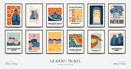 Abstract travel and floral posters template. Modern trendy Matisse minimal style. Floral poster, landmark. Hand drawn design for wallpaper, wall decor, print, postcard, cover, template, banner.  © KozyPlace