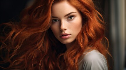 Fototapeta premium Portrait. Handsome young 20 years woman with red long hair, fashion model.