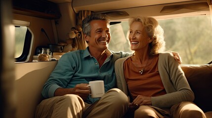Mature lover couple enjoying a coffe in the camper van.