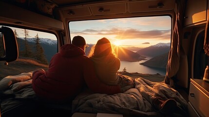 Young copuple of lovers enjoying the views in a camper van.